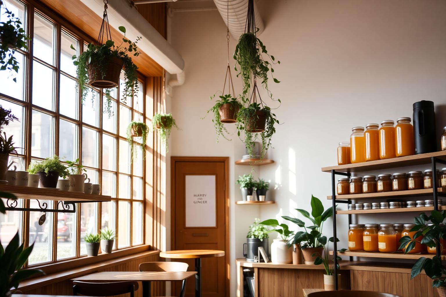 Cozy cafe interior with hanging plants and jars of fermenting drinks