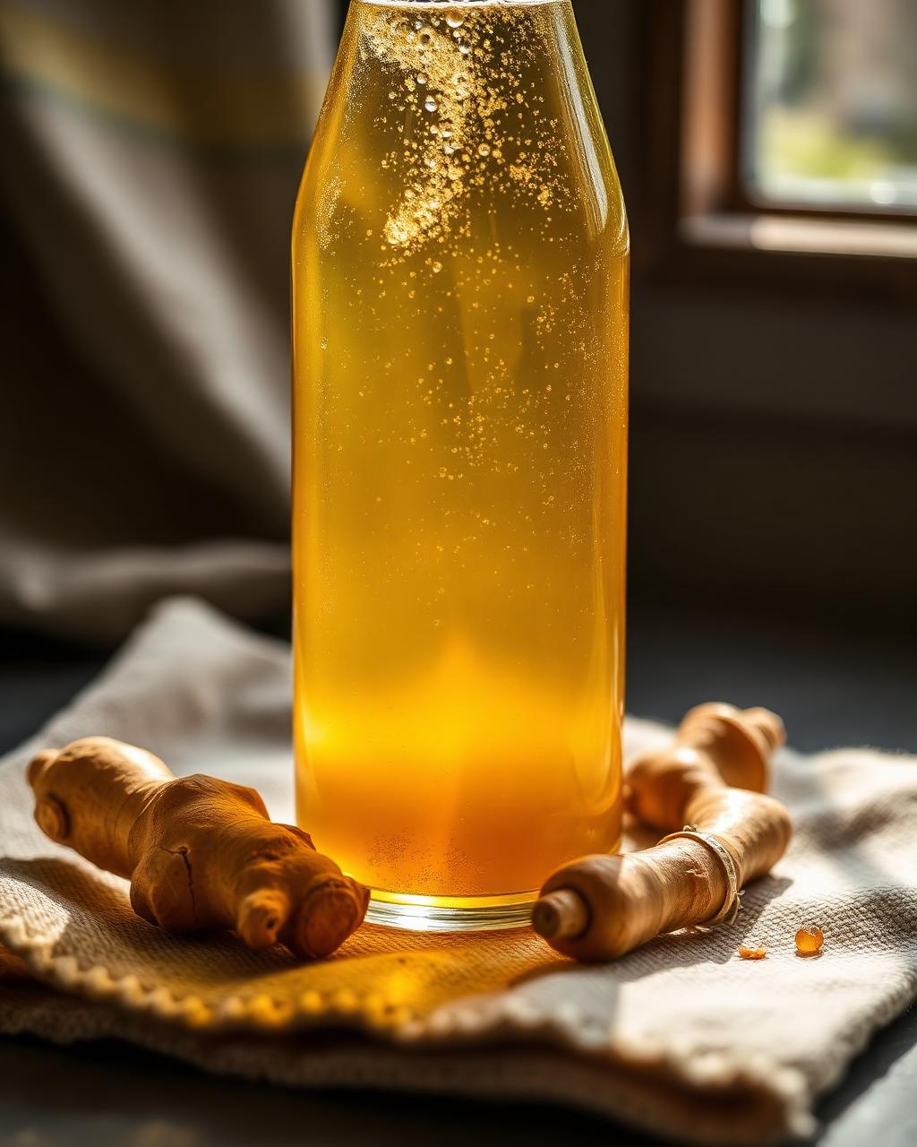 Bubbling probiotic ginger bug soda in a glass bottle